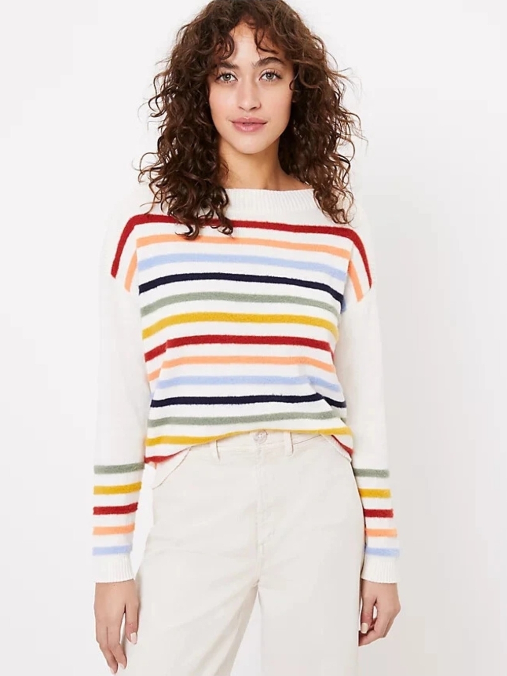 LOFT Fuzzy Rainbow Striped Knit Sweater Whipped Multicolor Boat Neck
